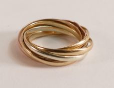 9ct three colour gold 7 pc ring, size F/G,3.6g.