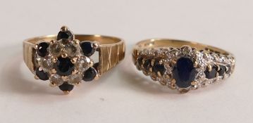 Two 9ct gold rings both set with blue & white stones, one size O, other shank bent, 5.5g. (2)