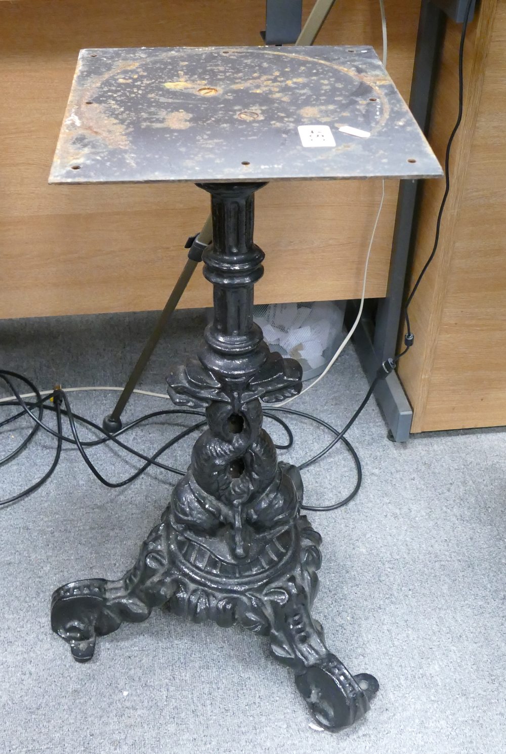 Cast Iron Pub Table Base in the form of two Dolphins with Scrolling Base. Height: 67.5cm