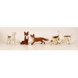 Beswick small seated fox together with standing fox and three foxhounds (1 matte) (5)