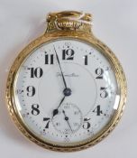 Hamilton 950 RAILROAD 23 jewel gents open face keyless pocket watch in gold plated case. Winds,