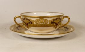 De Lamerie Fine Bone China heavily gilded Burgundy Majestic Pattern Two Handled Saucer & Saucer,