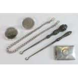 Silver hallmarked Albert watch chain 32g (worn marks), 2 x silver handled button hooks, silver