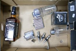 A collection of Jack Daniels Related items to include 1Ltr Bottle of JD, matching hip flask & mug