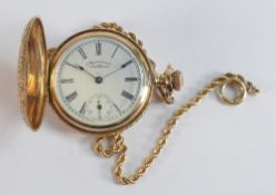 14ct gold American Waltham ladies keyless pocket watch and 14ct watch chain. Gross weight 42.19g,