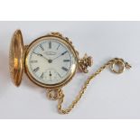 14ct gold American Waltham ladies keyless pocket watch and 14ct watch chain. Gross weight 42.19g,