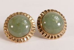 Pair 9ct earrings set with round jade stones, d.2cm, 9g. (2)