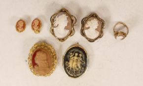 9ct gold cameo set ring, 3.4g, together with 2 x gilt metal cameo brooches and other costume