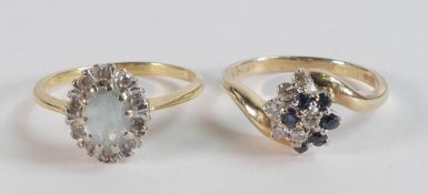 Two x 9ct gold gem set dress rings - Sapphires & aquamarine set with white stones, sizes M & N
