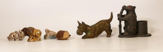 A mixed collecction of items to include Pewter Bear Baiting match pot, bronze terrier figure &