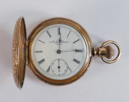 New York Watch company Full Hunter 9ct gold filled pocket watch, winds, ticks, sets & runs, 41cm