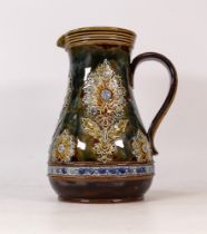 Doulton Lambeth Stoneware Jug. Foliate applied designs with a mottled green and blue ground. Incised