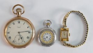Gents limit gold plated open face gents keyless pocket watch, together with smaller ladies silver