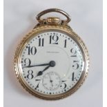 Waltham Hamilton CRESCENT 21 jewel gents open face keyless pocket watch in gold plated case.