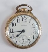 Waltham Hamilton CRESCENT 21 jewel gents open face keyless pocket watch in gold plated case.