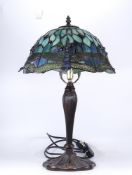 Tiffany Style Table Lamp with Leaded Glass Dragonfly Type Shade, height 55cm