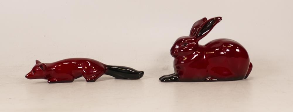 Royal Doulton Flambe Seated Rabbit & Small Staking Fox, height of tallest 7cm(2)