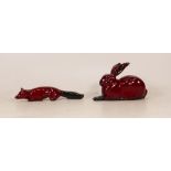 Royal Doulton Flambe Seated Rabbit & Small Staking Fox, height of tallest 7cm(2)