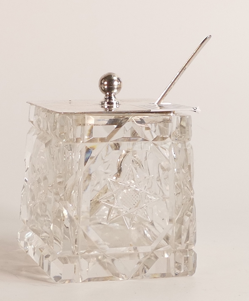 Silver topped large cut glass honey pot / preserve jar with matching silver spoon, Birmingham 1931 - Image 2 of 2