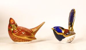 Royal Crown Derby Paperweights Fairy Wren & Red Cardinal, boxed , gold stopper(2)