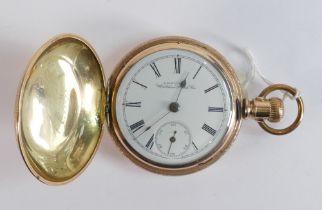 Waltham full hunter keyless full hunter gents pocket watch, 55mm wide. Circa 1899. Winds, ticks,