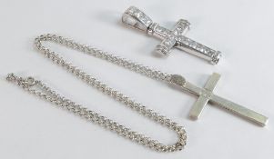 Very large sterling silver cross set with white stones & marked .925, 8cm high, together with