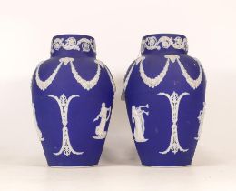 Wedgwood & Co. blue jasper ware vases 18.5cm high, c 1900.