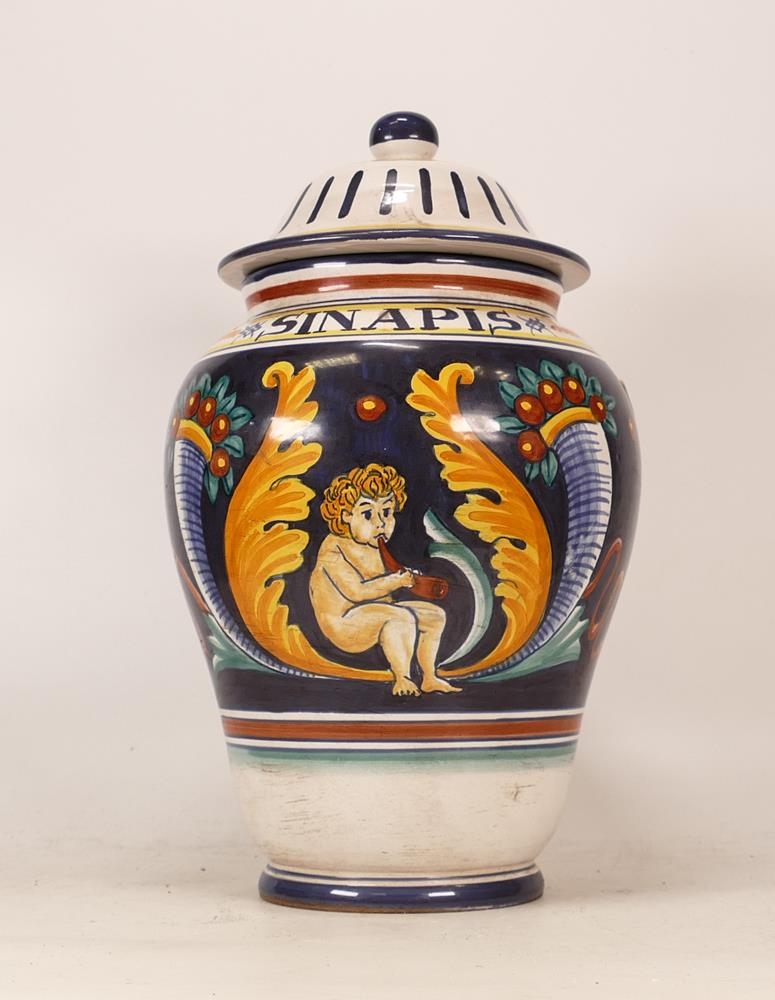 L'Antica Di Deruta Lidded Chemist Jar 'Sinapis'. Height: 31.5cm