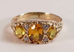 9ct gold dress ring, set with orange & yellow stones, size L, 4.9g.
