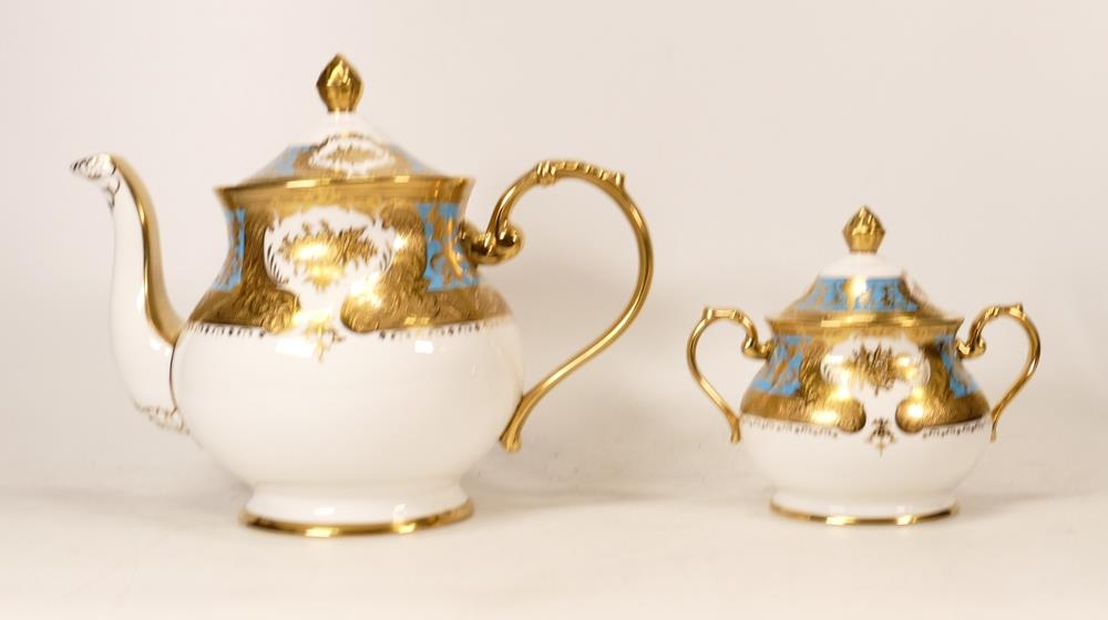 De Lamerie Fine Bone China heavily gilded Blue Majestic patterned teapot & sugar bowl, specially