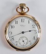 Waltham Riverside gents gold plated keyless pocket watch, 50mm wide. Winds, ticks, sets & runs.
