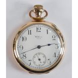 Waltham Riverside gents gold plated keyless pocket watch, 50mm wide. Winds, ticks, sets & runs.