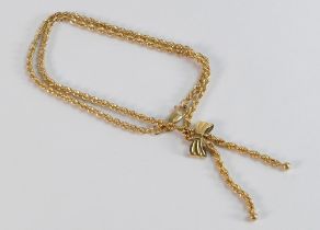 9ct hallmarked gold rope twist decorative neck chain with bow, wearable length 41cm, weight 4.53g.