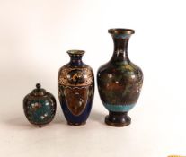 Three cloisonne vases, two larger ones, both damaged / repaired, the smaller one with a lid