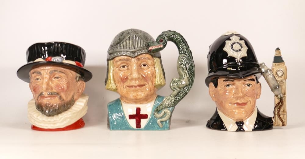 Royal Doulton Large Character Jugs Beefeater D6206, Sait George D6618 & The London Bobby D6674(3)