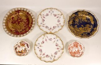 Royal Crown Derby Plates in vary designs including Red & Blue Aves, Royal Antionette x 2 together