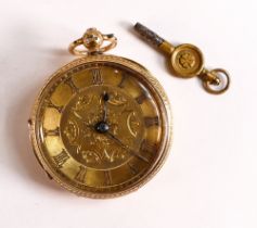 18ct gold 19th century pocket watch, ornate gold dial, d.4cm, with key, gross weight 60.8g.