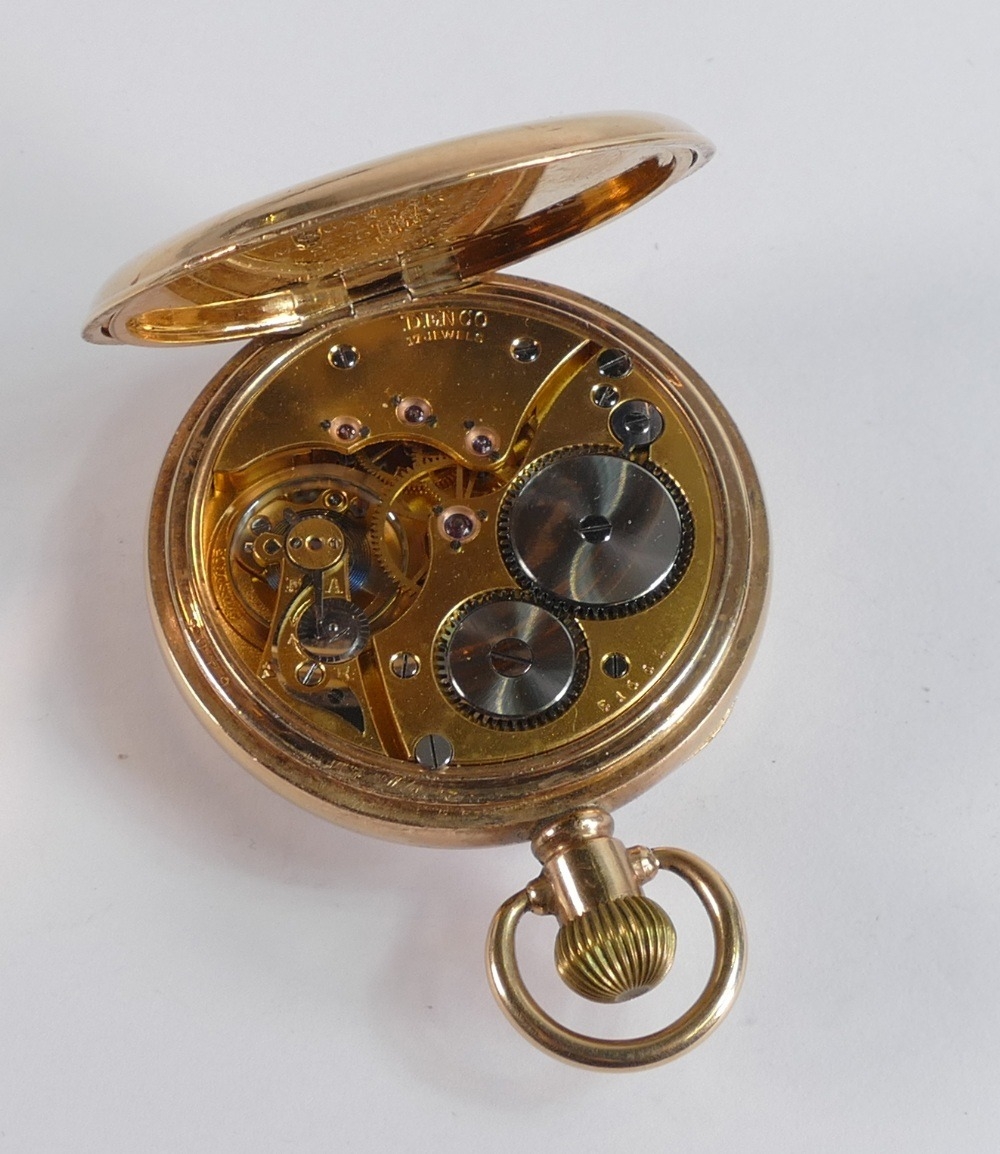 DENCO open faced gents 10ct gold plated keyless gents pocket watch, 52mm wide. Winds, ticks, - Image 2 of 2