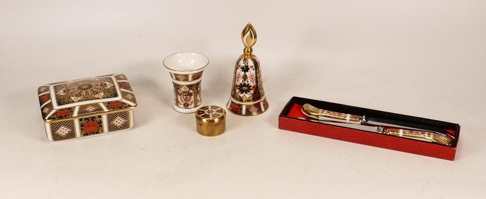 Royal Crown Derby Items to include Lidded Box, Knife & Fork Set, small Vase, Bell & trinket box,