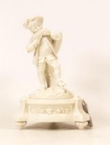 19th Century Royal Worcester figure of a boy musician playing pipes, in cream glaze on circular