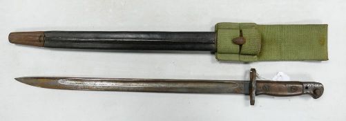 Early 20th century English Bayonet, Wilkinson 1907, with leather scabbard & canvas frog, 58cm long.