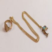 9ct gold necklace, signet ring and dolphin charm, 4g.