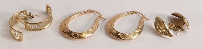Three pairs of 9ct gold earrings,4.3g.