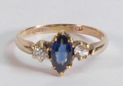18ct gold, diamond & marquise shaped Sapphire dress ring, size N, 18ct mark slightly rubbed,