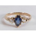 18ct gold, diamond & marquise shaped Sapphire dress ring, size N, 18ct mark slightly rubbed,