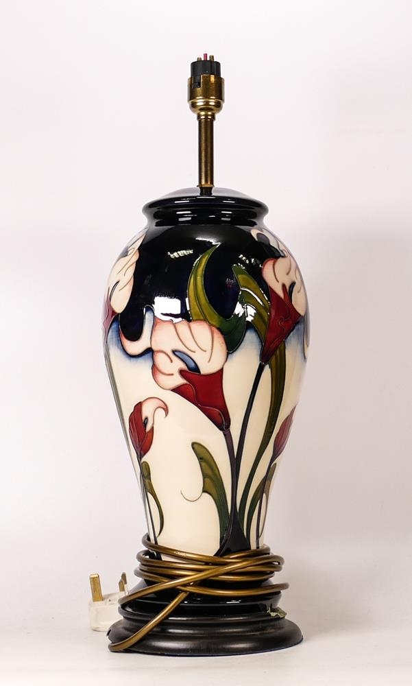 Large Moorcroft Calla Lily lamp base. Height including fitting 44cm Several surface marks. Wooden