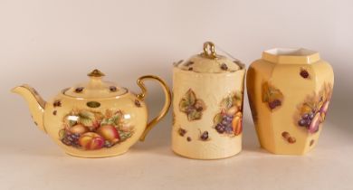 Aynsley Orchard Gold teapot together with biscuit barrel (lid a/f) and vase (3)
