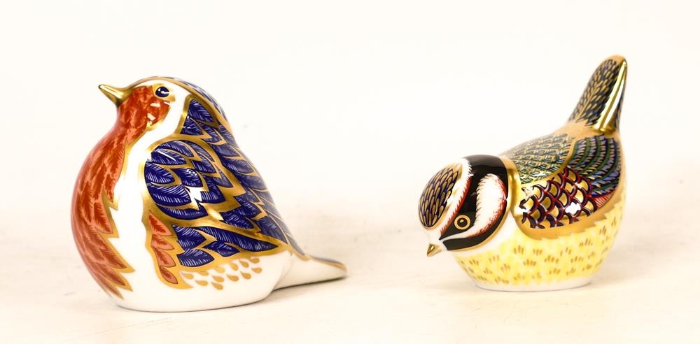 Royal Crown Derby Paperweights Robin & Bluetit, boxed , gold stopper(2)