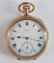 Waltham Crescent Street 10ct gold plated Gents keyless pocket watch, winds, ticks, sets & runs.