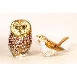 Royal Crown Derby Paperweights Barn Owl & Nightingale, boxed , gold stopper(2)